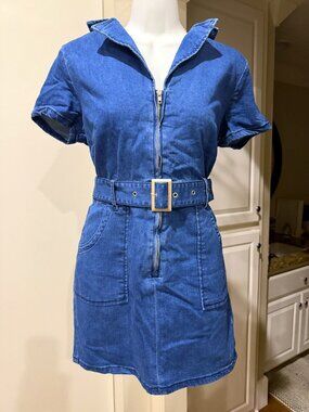 Bright Blue Denim Zip Front Mini Dress Women's Medium Belted Jean Dress